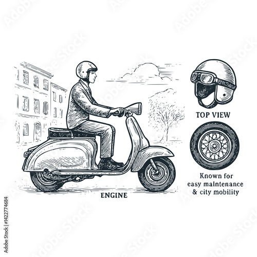 Black White Vector Illustration of the Italian Scooter History: A Vintage Engraved Infographic