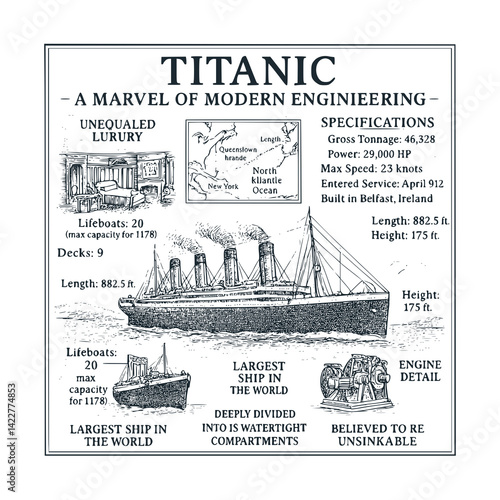 Black White Vector Illustration of the Titanic Ship: A Vintage Engraved Infographic