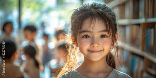 A young girl with long hair is smiling at the camera