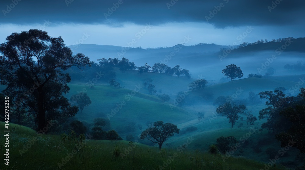 Misty, blue-toned rural landscape under a brooding sky. Misty, blue-toned rural landscape under a brooding sky.
