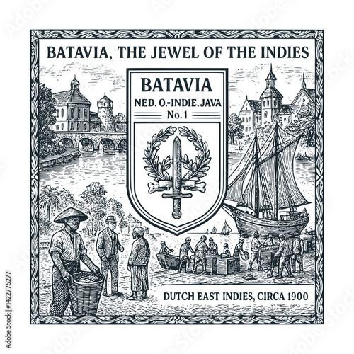Black White Vector Illustration of the Batavia City and Sunda Kelapa Port of Dutch East Indies, with Emblem of Coat of Arms Shield: A Vintage Engraved Infographic