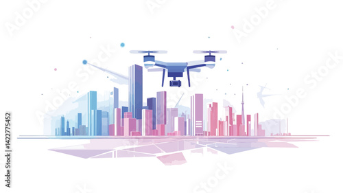 This image features a stylized digital illustration of a drone hovering above an abstract city. The drone is rendered in dark grey/blue tones with the propellers clearly visible.