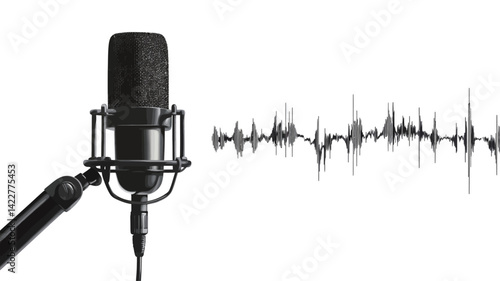 The image features a high-contrast monochrome close-up of a large-diaphragm condenser microphone mounted on a shockmount and angled slightly to the left.