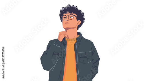 Stylized vector illustration of a young man with curly dark hair, glasses, and a dark denim jacket over an orange T-shirt. The character is drawn in a flat design style with smooth lines.