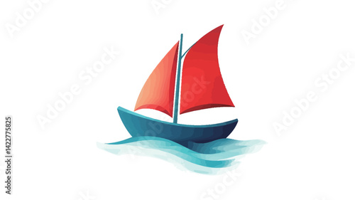 This digital illustration shows a simplified sailboat with bright red sails and a dark blue hull. The hull is depicted on a stylized light blue wave pattern, as if moving on the water.