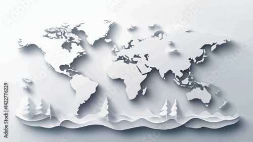 A high angle close-up view of a three-dimensional paper world map rendered in monochrome white against a white background. The map has a subtle embossed texture that creates a sense of depth.