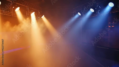 Stage floodlights and blinking club lights flashing through smoke in loop animation