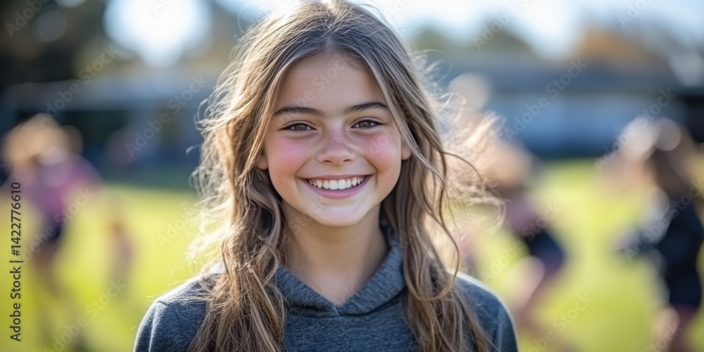 A girl with long hair is smiling and wearing a gray hoodie A girl with long hair is smiling and wearing a gray hoodie