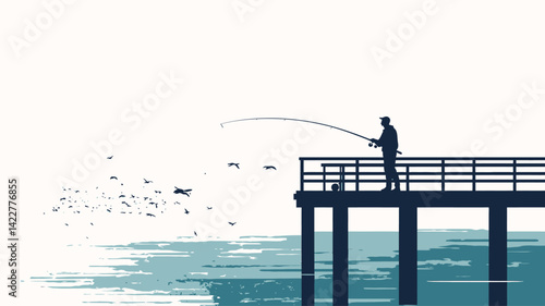 A minimalist vector illustration of a lonely fisherman standing in silhouette on a pier. The figure is rendered in pure black against a soft, pale blue watercolor background.