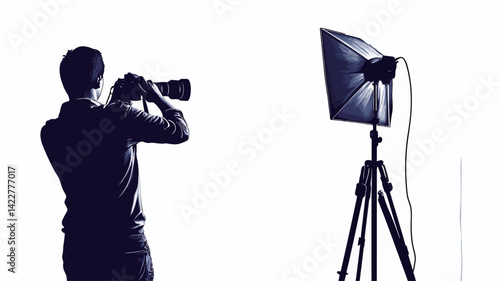 This work showcases a high-key, minimalist composition showing the back of a photographer actively working with a professional camera. The subject��s pose and focus suggestive.