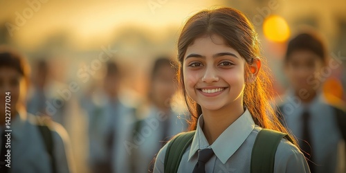 A girl with a smile on her face is standing in front of a group of people