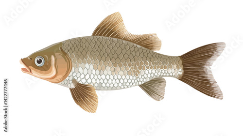 digitally rendered illustration shows a detailed side profile of a common cutthroat (Leuciscus rutilus). The fish is set against a pure white background to highlight its form.