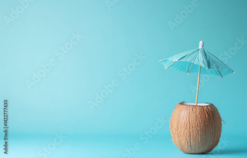 Wallpaper Mural coconut cocktail with blue umbrella sits against bright turquoise background, evoking tropical and refreshing vibe Torontodigital.ca