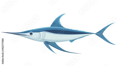 A digital illustration of a swordfish, rendered in blue tones against a pure white background. The artwork is rich in detail, with smooth gradients outlining the lines of the fish.