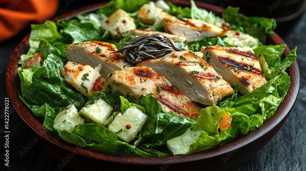 Classic Caesar salad with grilled chicken, anchovy garnish, and fresh romaine, beautifully arranged for an inviting presentation Classic Caesar salad with grilled chicken, anchovy garnish, and fresh romaine, beautifully arranged for an inviting presentation