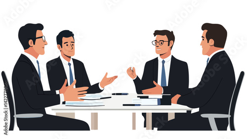 A digital illustration depicts four men in suits sitting around a round table against a pure white background. This vector-style illustration features clean lines and minimal details.