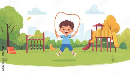 digitally rendered illustration depicts a little boy with short brown hair, wearing a blue short-sleeved shirt and blue shorts, happily skipping rope in a lively park.