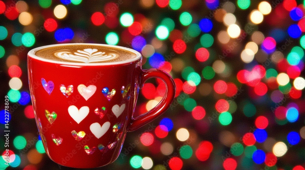 Obraz premium Red Mug with Heart Design Filled with Latte Art Against Colorful Bokeh Lights