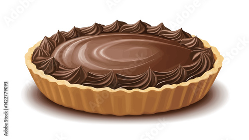 Close up high angle shot of a single chocolate tart on a white background. The tart crust is golden brown with grooves and filled with smooth dark chocolate ganache.