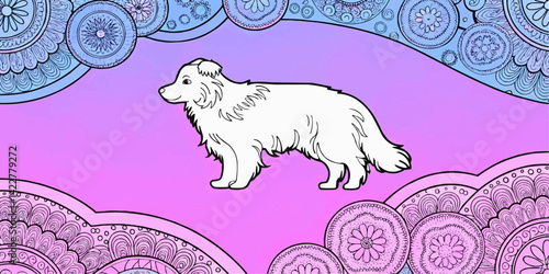 A meticulously detailed illustration of a cute dog in a whimsical, colorful world