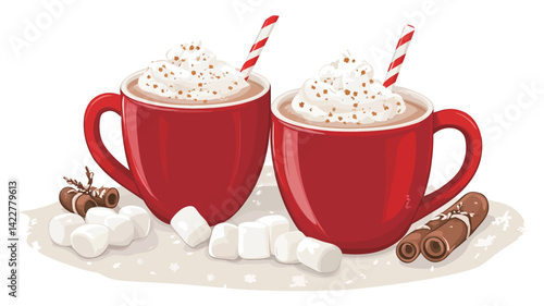 A digitally rendered illustration shows two bright red mugs filled with hot chocolate. Each mug is topped with thick whipped cream and sprinkled with a little cinnamon.
