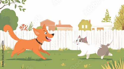 This lively, stylized vector illustration depicts a ginger dog and a gray and white cat frolicking in a manicured suburban garden.