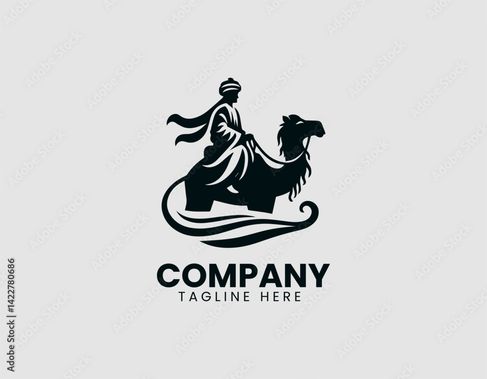 Solemn Turbaned Figure Riding Camel Vector Logo Design Solemn Turbaned Figure Riding Camel Vector Logo Design
