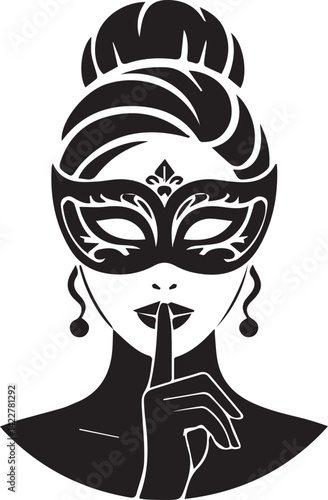 Silhouette of a woman wearing an ornate, eye-covering masquerade mask with intricate patterns