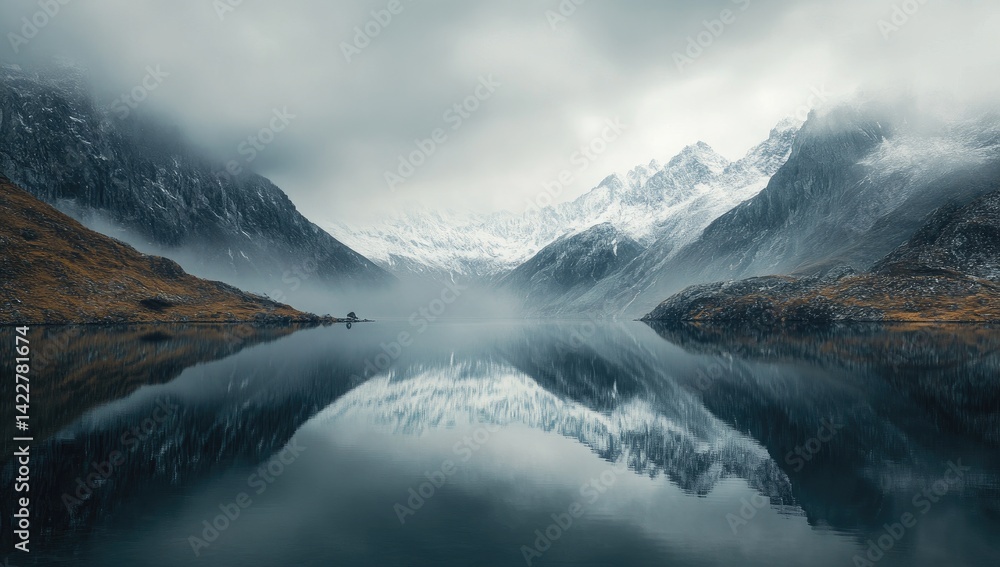 Serene mountain lake reflecting snow-capped peaks in misty conditions. Serene mountain lake reflecting snow-capped peaks in misty conditions.