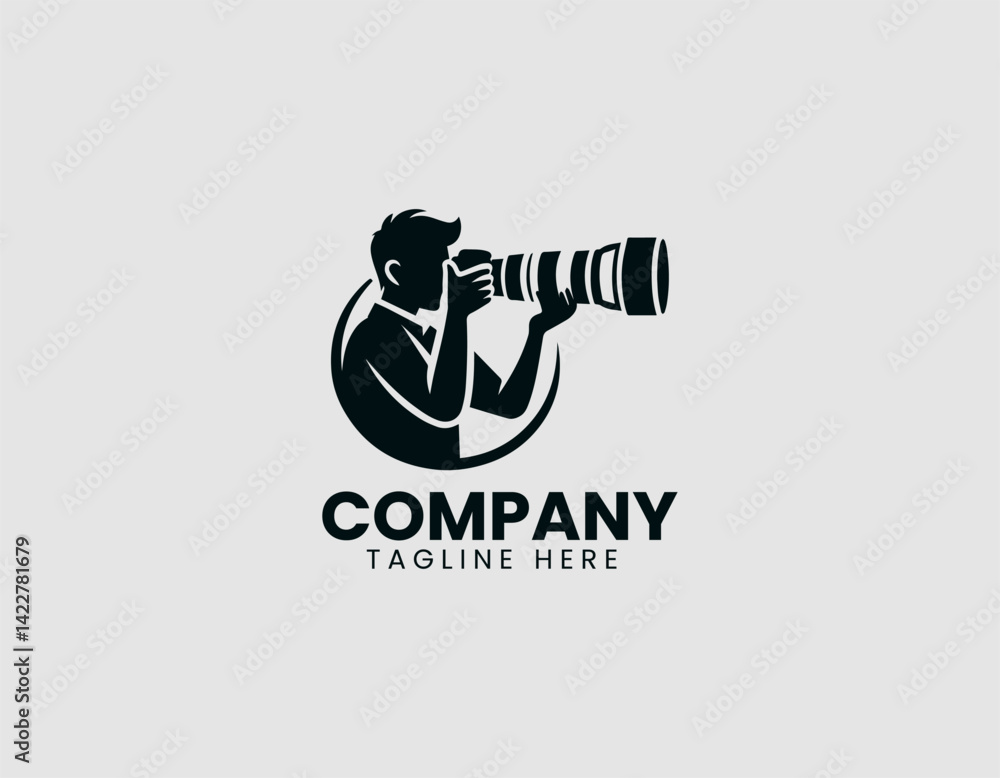 Focused Photographer Aiming Big Telephoto Lens Vector Logo Design Focused Photographer Aiming Big Telephoto Lens Vector Logo Design