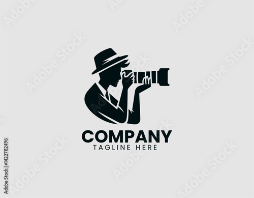 Focused Photographer Aiming Big Telephoto Lens Vector Logo Design
