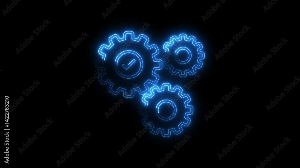 Neon gears system animation on black background with tick mark Neon gears system animation on black background with tick mark