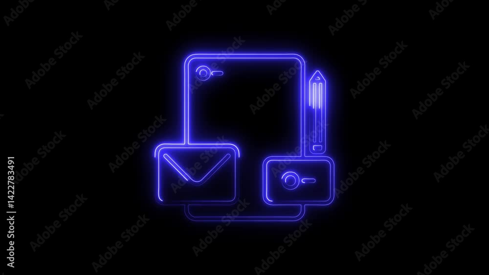 Blue neon illustration of graphic design tools on black background Blue neon illustration of graphic design tools on black background