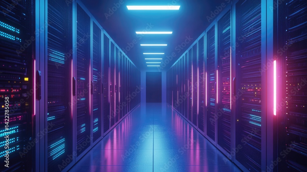 Modern data center with vibrant purple and blue lighting reflecting off sleek server racks and floors. Great for cloud computing, cybersecurity, and digital innovation branding Modern data center with vibrant purple and blue lighting reflecting off sleek server racks and floors. Great for cloud computing, cybersecurity, and digital innovation branding