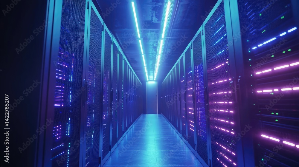 Futuristic data center with glowing purple and blue server racks and overhead neon lighting. Ideal for cloud computing, cybersecurity, and AI technology branding Futuristic data center with glowing purple and blue server racks and overhead neon lighting. Ideal for cloud computing, cybersecurity, and AI technology branding