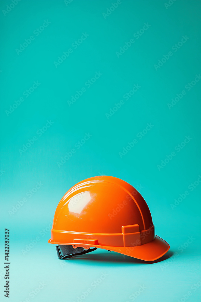 Orange construction helmet on a turquoise background, symbolizing safety and labor on International Workers' Day. Orange construction helmet on a turquoise background, symbolizing safety and labor on International Workers' Day.