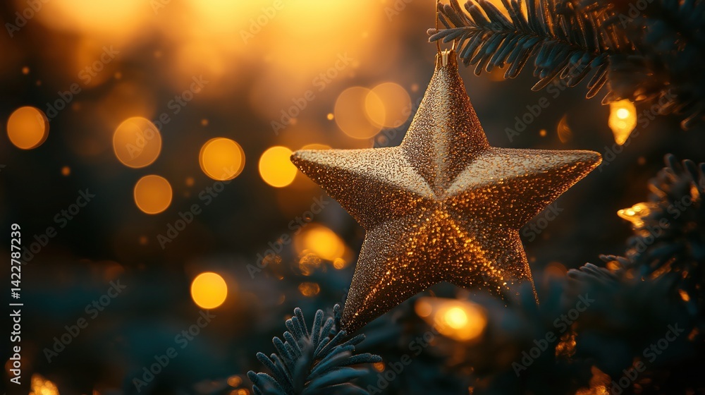 Rainbow star-shaped bokeh with blurred Christmas lights and festive garland Rainbow star-shaped bokeh with blurred Christmas lights and festive garland