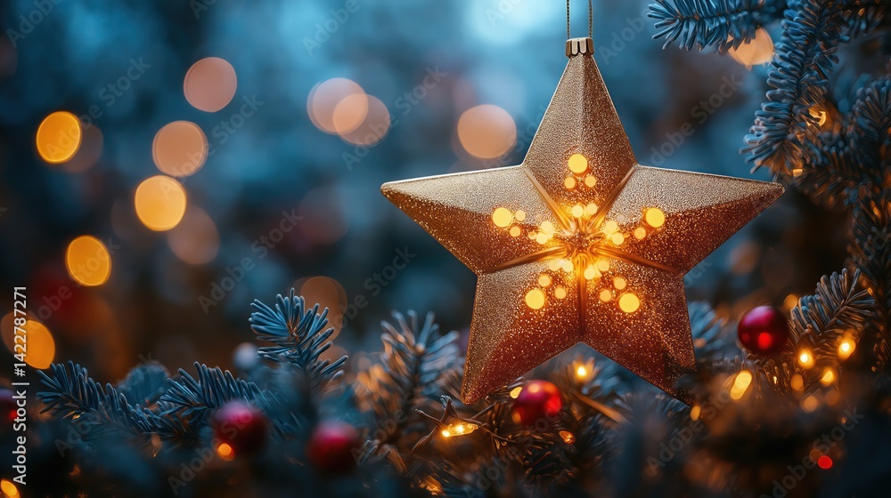 Rainbow star-shaped bokeh with blurred Christmas lights and festive garland Rainbow star-shaped bokeh with blurred Christmas lights and festive garland