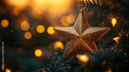 Rainbow star-shaped bokeh with blurred Christmas lights and festive garland
