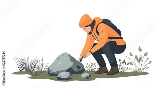A flat-style vector illustration of a geologist crouching down and carefully examining a large gray rock with a small tool.