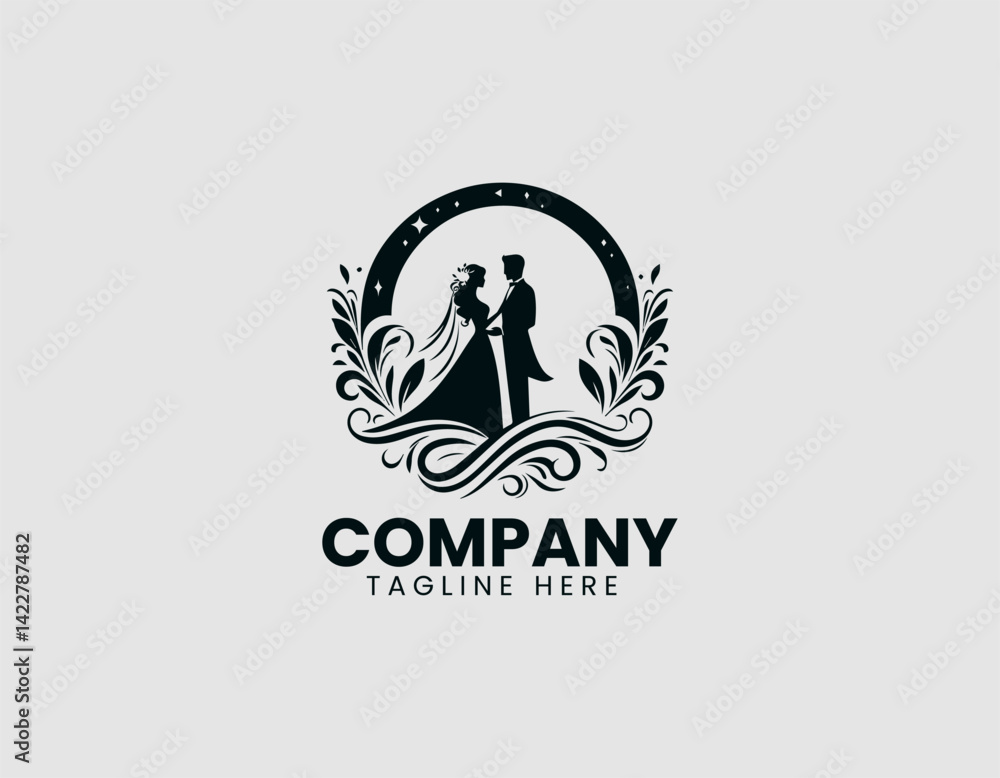 Fototapeta premium Elegant Bride and Groom Romantic Poses Vector Logo Design