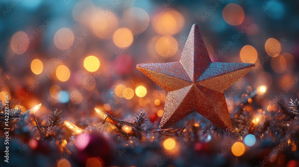 Rainbow star-shaped bokeh with blurred Christmas lights and festive garland Rainbow star-shaped bokeh with blurred Christmas lights and festive garland
