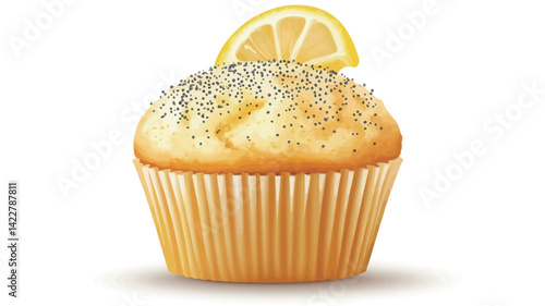 A close up shot of a lemon poppy seed muffin against a pure white background. The muffin is wrapped in a light yellow paper liner.