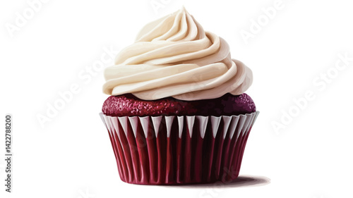 A studio close up photo of a red velvet cupcake isolated on a plain white background.