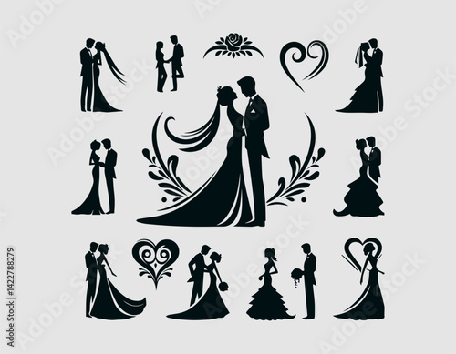 Elegant Bride and Groom Romantic Poses Vector Logo Design