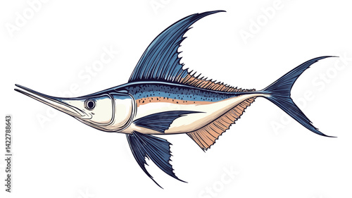 A detailed illustration of a swordfish, in a style resembling an art print. The swordfish's long bill and dorsal fin are shown in profile.