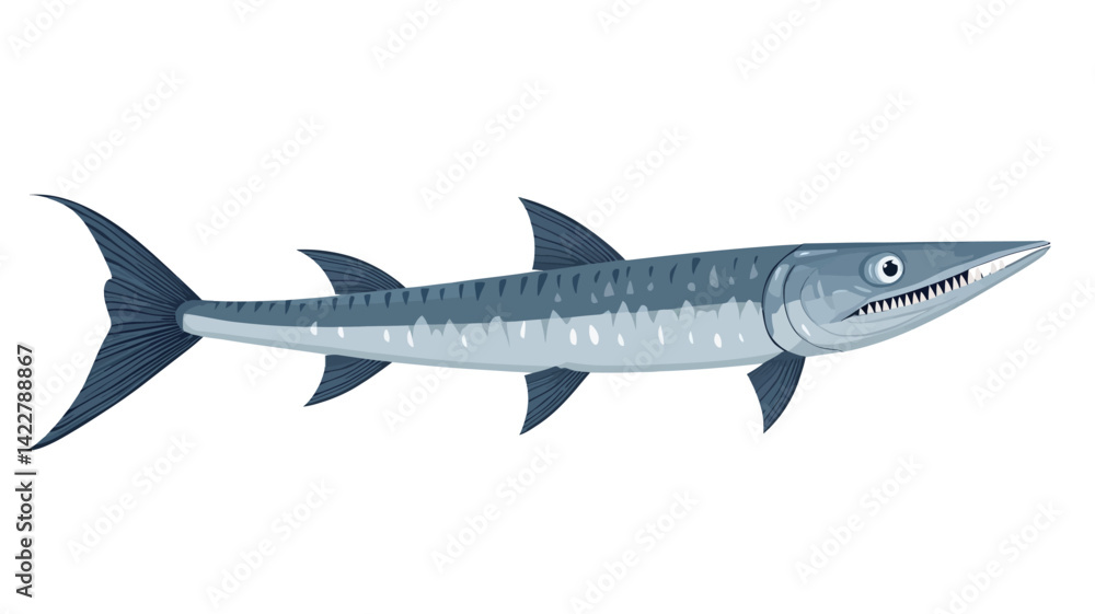 digital illustration of a barracuda, with blue as the main color and a pure white background. The illustration shows the barracuda's slender body and sharp teeth. digital illustration of a barracuda, with blue as the main color and a pure white background. The illustration shows the barracuda's slender body and sharp teeth.