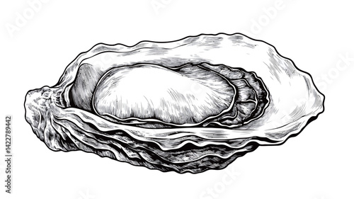 A high-contrast black and white pen drawing of an oyster nestled in its shell. The drawing shows the intricate texture of the oyster and the layering of its shell.