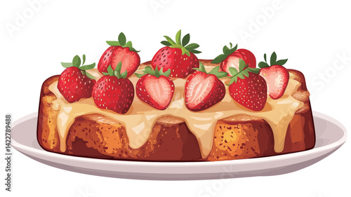 digital rendering of a rectangular strawberry shortcake garnished with fresh strawberries. The cake is served on an off-white plate.