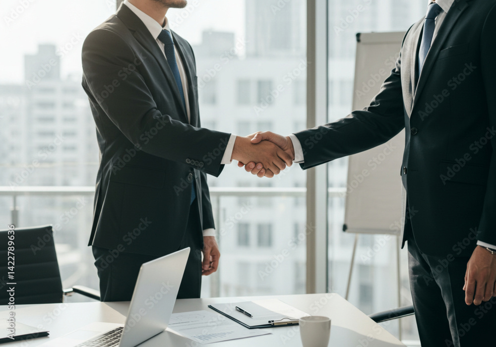 Business professionals shaking hands in modern office after successful meeting or agreement. Business professionals shaking hands in modern office after successful meeting or agreement.
